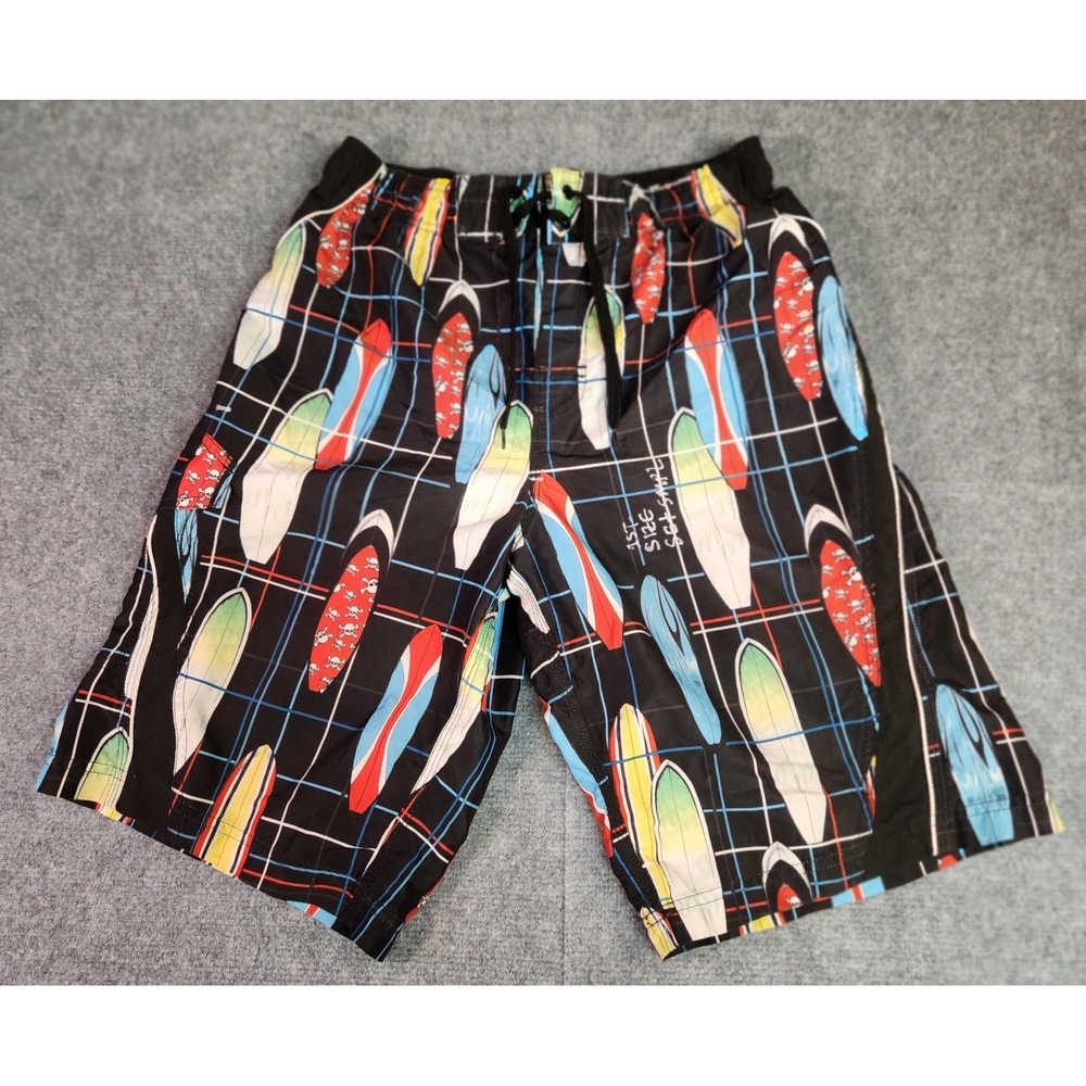 Hang Ten Board Shorts Mens XL Black Surfboard Skull Print Swim Trunks EUC